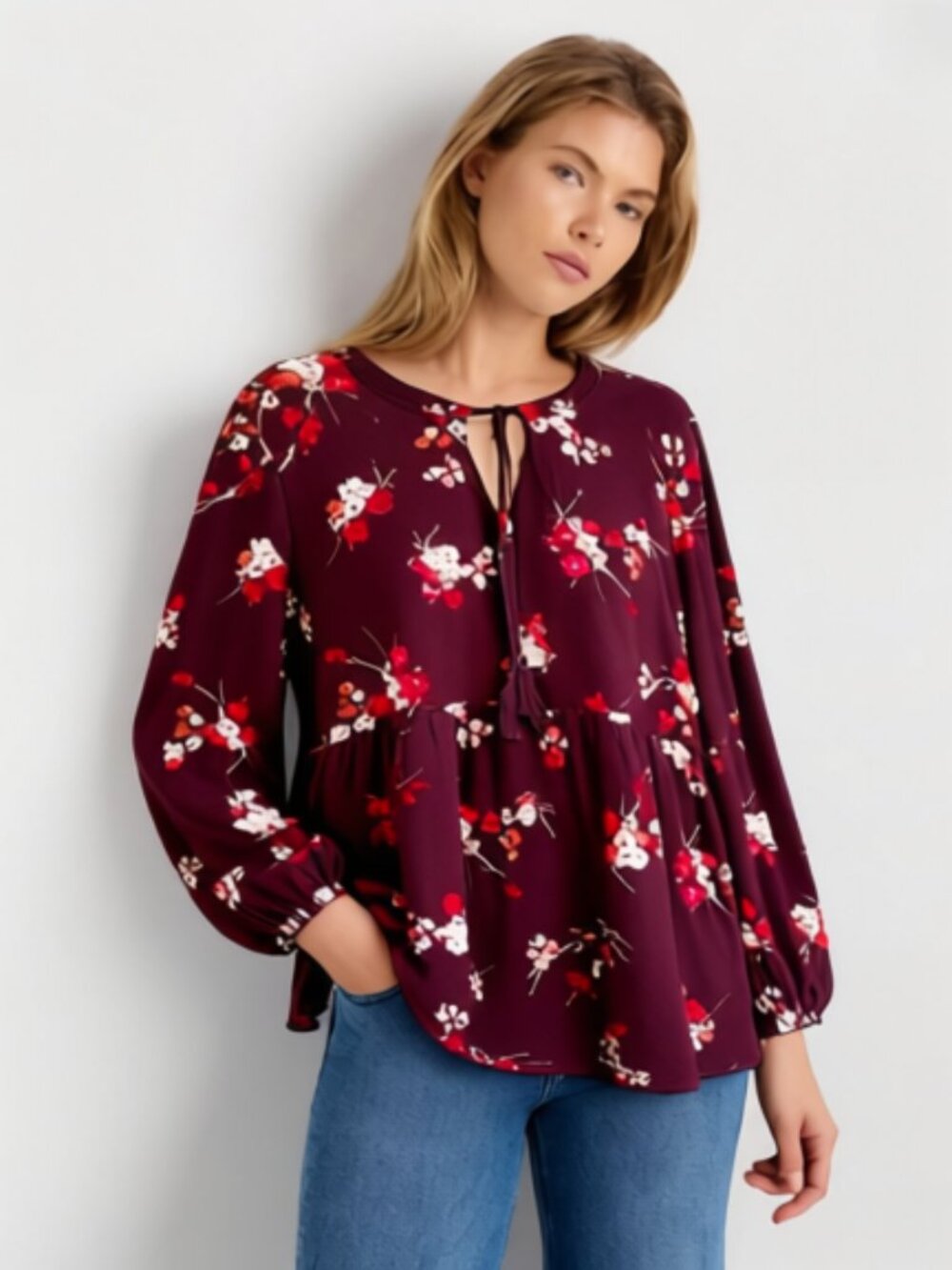 Wonderly Women's Plus Long Sleeves Top Blouse V-neck Front Tie Wine Size 1X